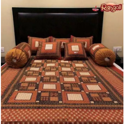 Orange 100% Cotton Printed Dewan Bed Set (1 Deewan Bedsheet + 5 Cushion Covers + 2 Bolister Covers)
